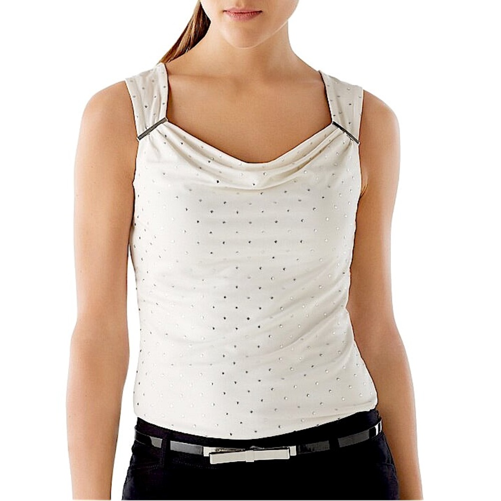 WHBM STUDDED CREAM DRAPE NECK TOP